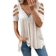 thumbnail image 1 of Camiseta con cuello en V y cremallera para mujer, informal, a la moda, con dobladillo suelto, manga calada, hombros descubiertos, blusa, 1 of 3
