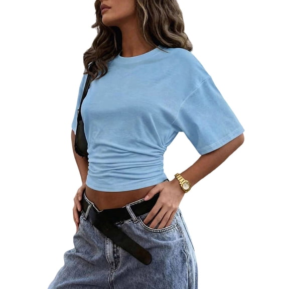 Gynyvoja Women'S Shirts Crewneck Tighten Waist T-Shirt Casual Short Sleeve Workout Tops Basic Tees Light Blue S