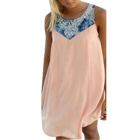 Plus Size Women Patchwork Boho Dress Sleeveless Party Tops Loose Tunic Baggy Summer Beach Sundress S-5XL #WAD