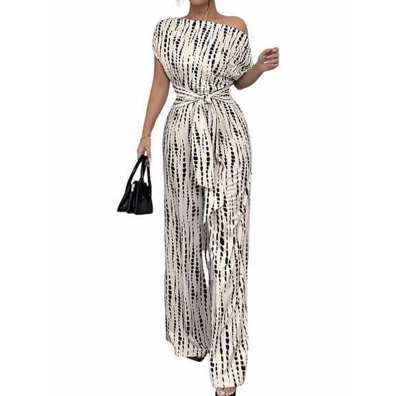 Women'S Allover Printed Asymmetrical Neck Romper Elegant Tie Front Wide Leg Jumpsuits Flower Color S