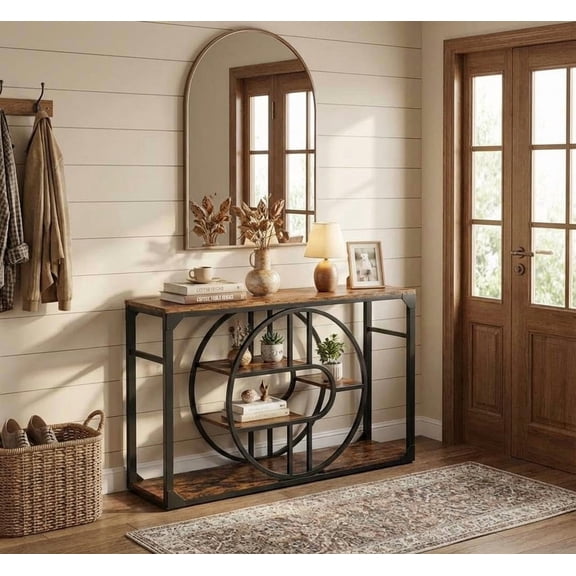 55" Industrial Entryway Table with 5-Tier Storage, o-Shaped Metal Frame Console Table for Small Foyer/Living Room, Rustic Narrow Sofa Table with Open Shelves for Entry Hallway