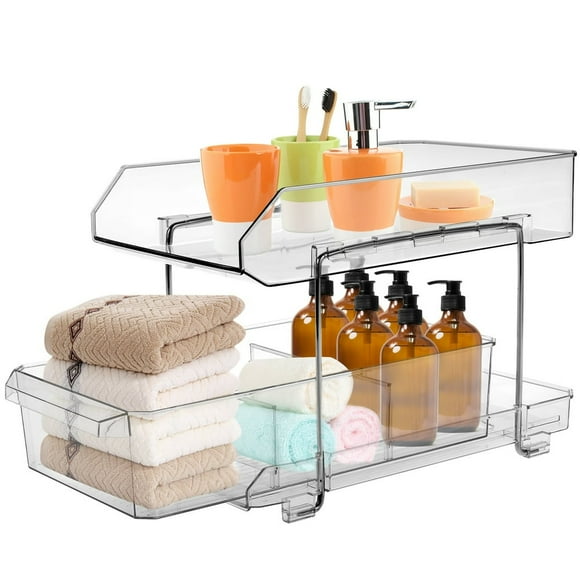 MesaSe Under Sink Organizer 2 Tier Under Sink Shelf Organizer Kitchen Slide-Out Clear Storage Baskets with Sliding Drawer Bathroom Vanity Makeup Storage Tray Pantry Pull-out Organizing Tr