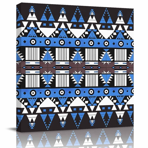 Framed Canvas Wall Art for Living Room Blue Aztec Boho Wall Decor, Tribal Geometric Pattern Aesthetic Paintings for Bedroom Office Kitchen Bathroom, Ready to Hang Artwork Wall Pictures 8x8 Inch