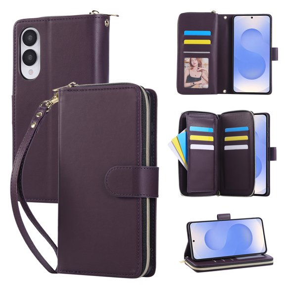 for Samsung Galaxy S25 Edge Crossbody Wallet Case with 9 Card Holders, Cash Slot, Photo Slot, Zipper Pocket PU Leather Magnetic Snap Wallet Case with Flip Stand & Wrist Strap & Lanyard, Darkpurple