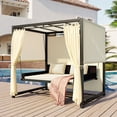 thumbnail image 2 of Outdoor Patio Swing Bed Black Metal Swing Daybed with Adjustable Curtains and Beige Cushions, 2 of 9
