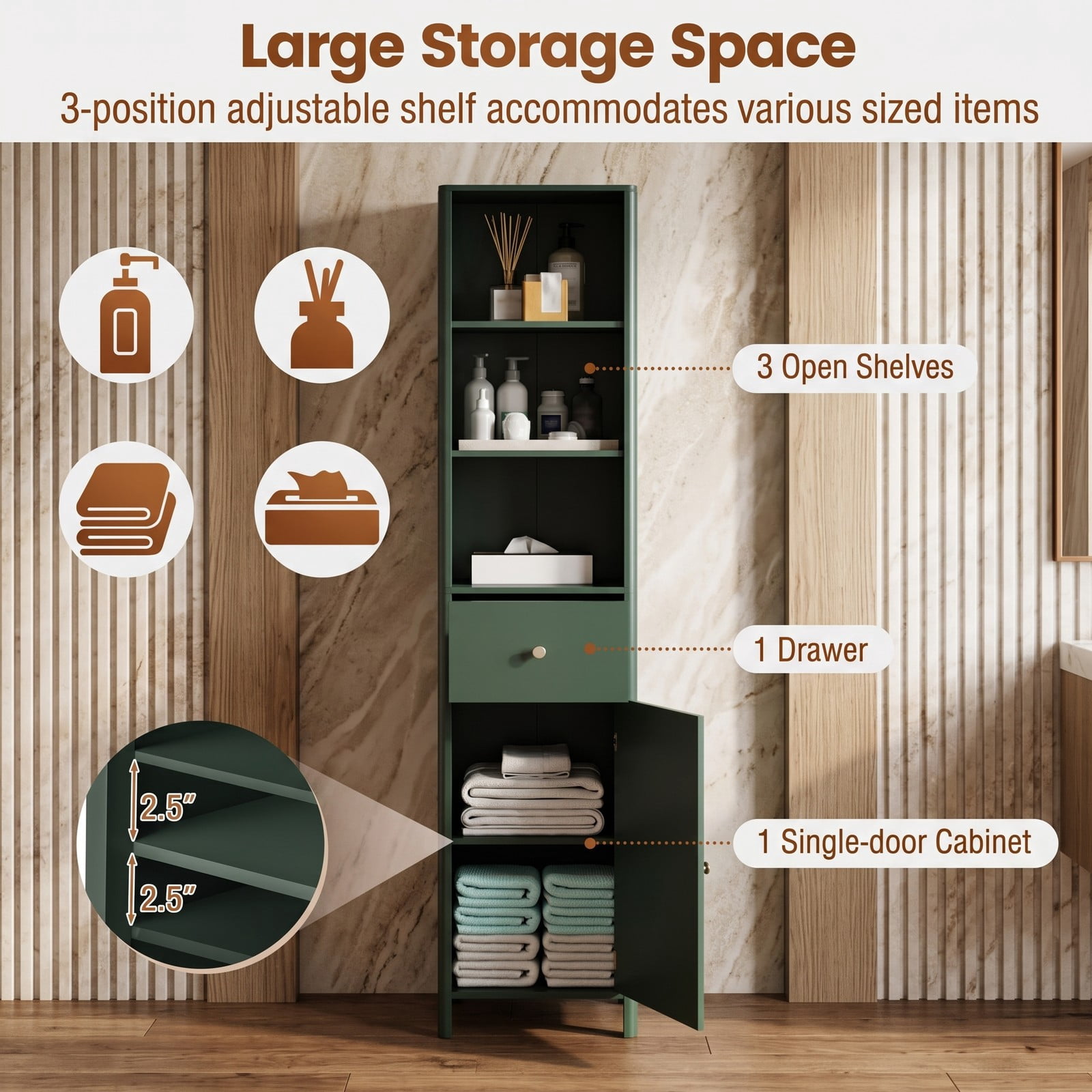 ALPULON 67 Inch Tall Narrow Bathroom Floor Cabinet Freestanding Storage Cabinet with Fluted Door, 3 Open Shelves, Adjustable Shelf and Pull-Out Drawer, Beige and Green