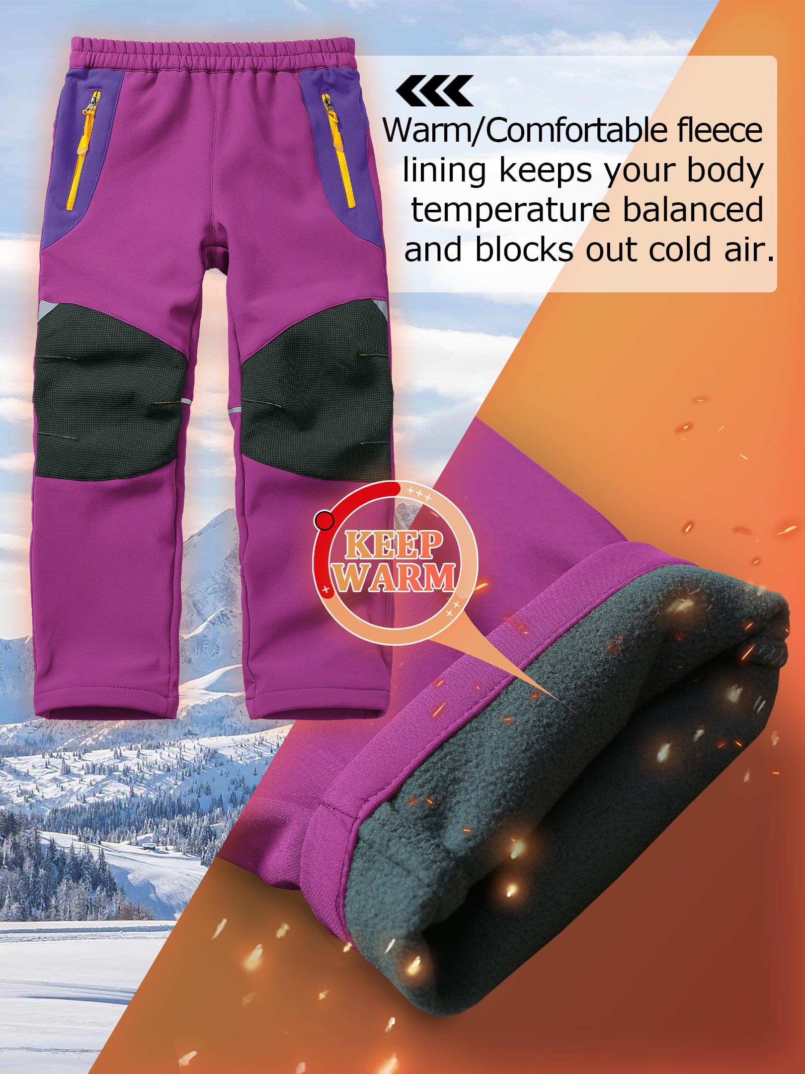 POENTAB Girls Boys Snow Ski Pants Outdoor Waterproof Windproof Fleece Warm Snowboard Pant For Winter Outdoor Wear Rose Red Size 11-13