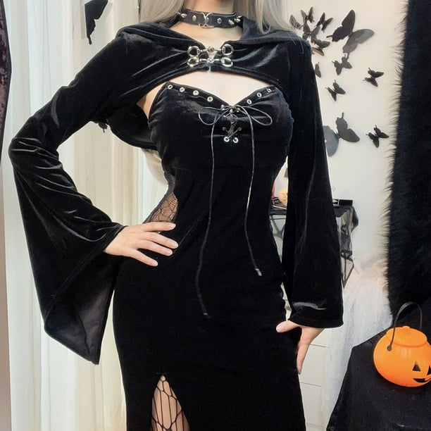 CHUNGLO Vestido Largo Gotico Traje Con Sombrero Transparente Terciopelo Encaje Recorte Abertura Alta Manga Larga Boton Fiesta Smock Vestidos De Halloween Para Mujer Bodega Aurrera en linea
