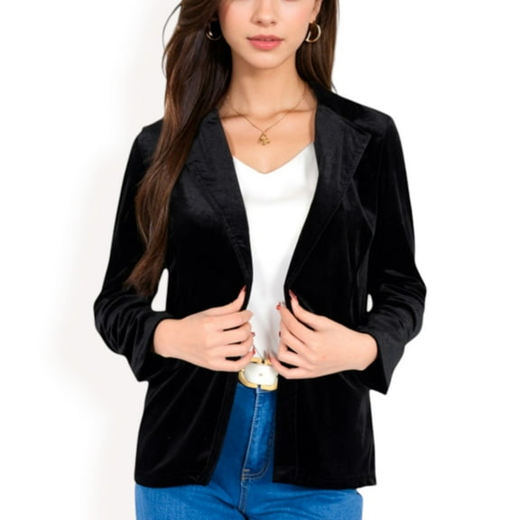 Women's Velvet Blazer With Notch Collar And Front Pockets- Black,Medium