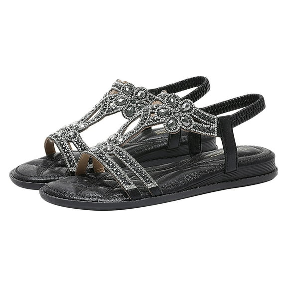 BADHUD Prime Deals Sandals Women Flat Dress Ankle Elastic Jeweled Bohemian Flats Comfort Walking Sandal Bohemian Shoes Outdoor Non Slip on Casual Summer Beach Shoes