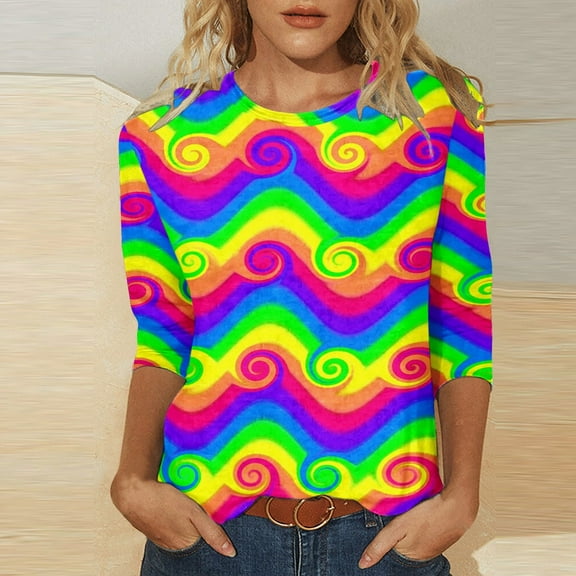 3/4 Sleeve T Shirts For Women Casual Style Round Neck Colorful Printed T Shirt Top Slim 2025 Fall Work Tee Pullover Outfits