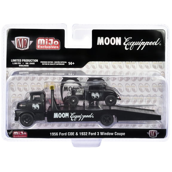 1956 Ford COE Ramp Truck Matt Black and 1932 Ford 3 Window Coupe Matt Black "Mooneyes" 1/64 Diecast Model by M2 Machines