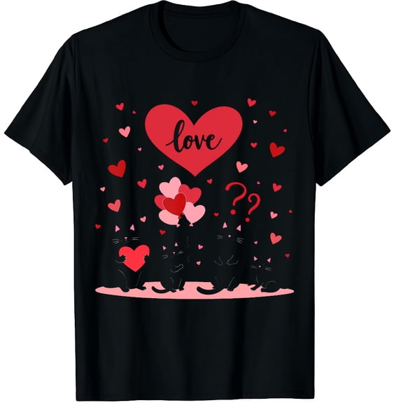 Valentines Day Shirt Black Cats Love Heart Graphic Crew Neck Short Sleeve T-Shirts (Men's, Women's)