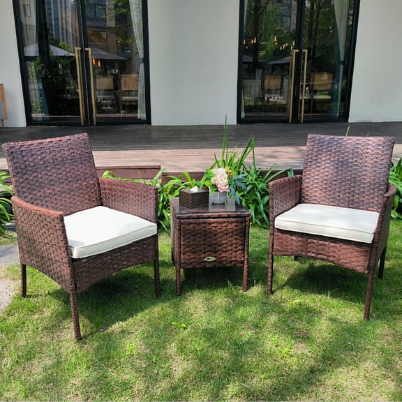 DIMAR GARDEN 3 Pieces Outdoor Rattan Wicker Conversation Set with Coffee Table, Mixed Brown