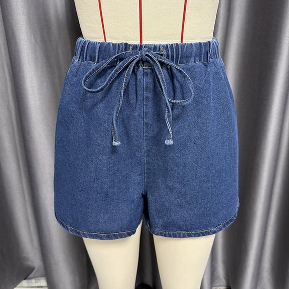 Costeam Womens Soft Washed Tencel Denim Casual Shorts No Pockets Self Fabric Drawstring Full Elastic High Waist Wrinkle Resistant Loose Mid Thigh Daily Short Bottoms