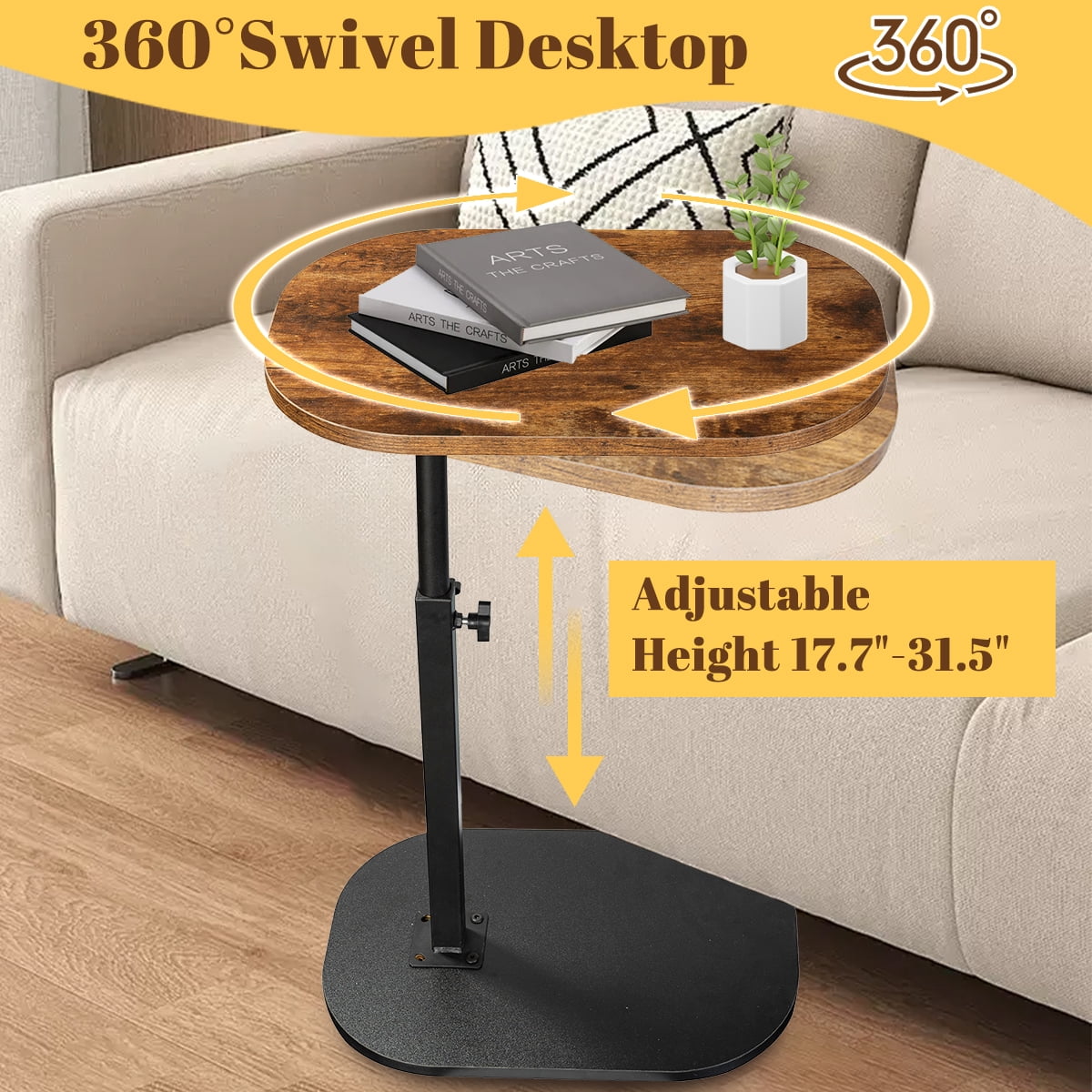 SolarSoda C Shaped Side Table, 360° Swivel End Table for Living Room, Height Adjustable(Brown)