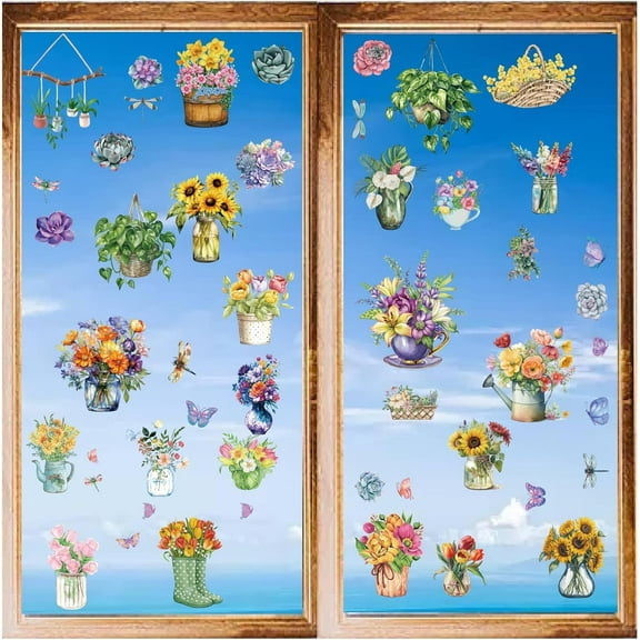 1 Set 8 Sheets Flower Wall Stickers Flower Pots Stickers Sunflower Butterfly Dragonfly Window Stickers PVC Waterproof Self Adhesive Wall Decals Removable for Window Decor Clings Housewarming Gift