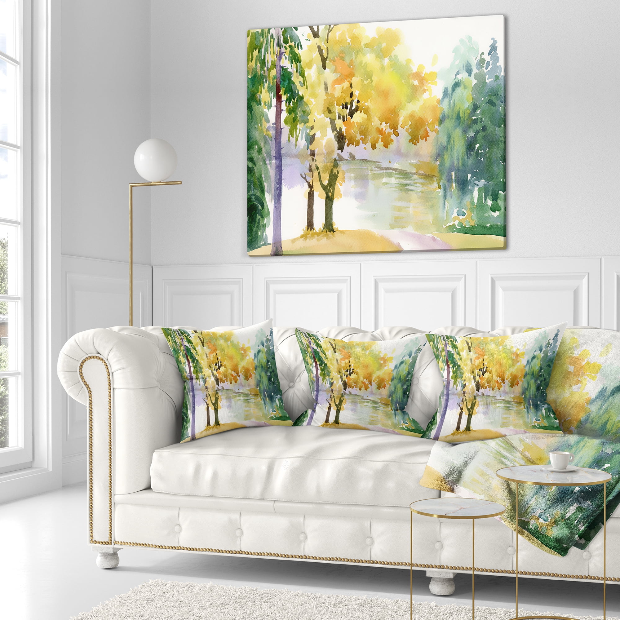 Designart Beautiful Autumn Forest Watercolor - Landscape Printed Throw Pillow - 16x16