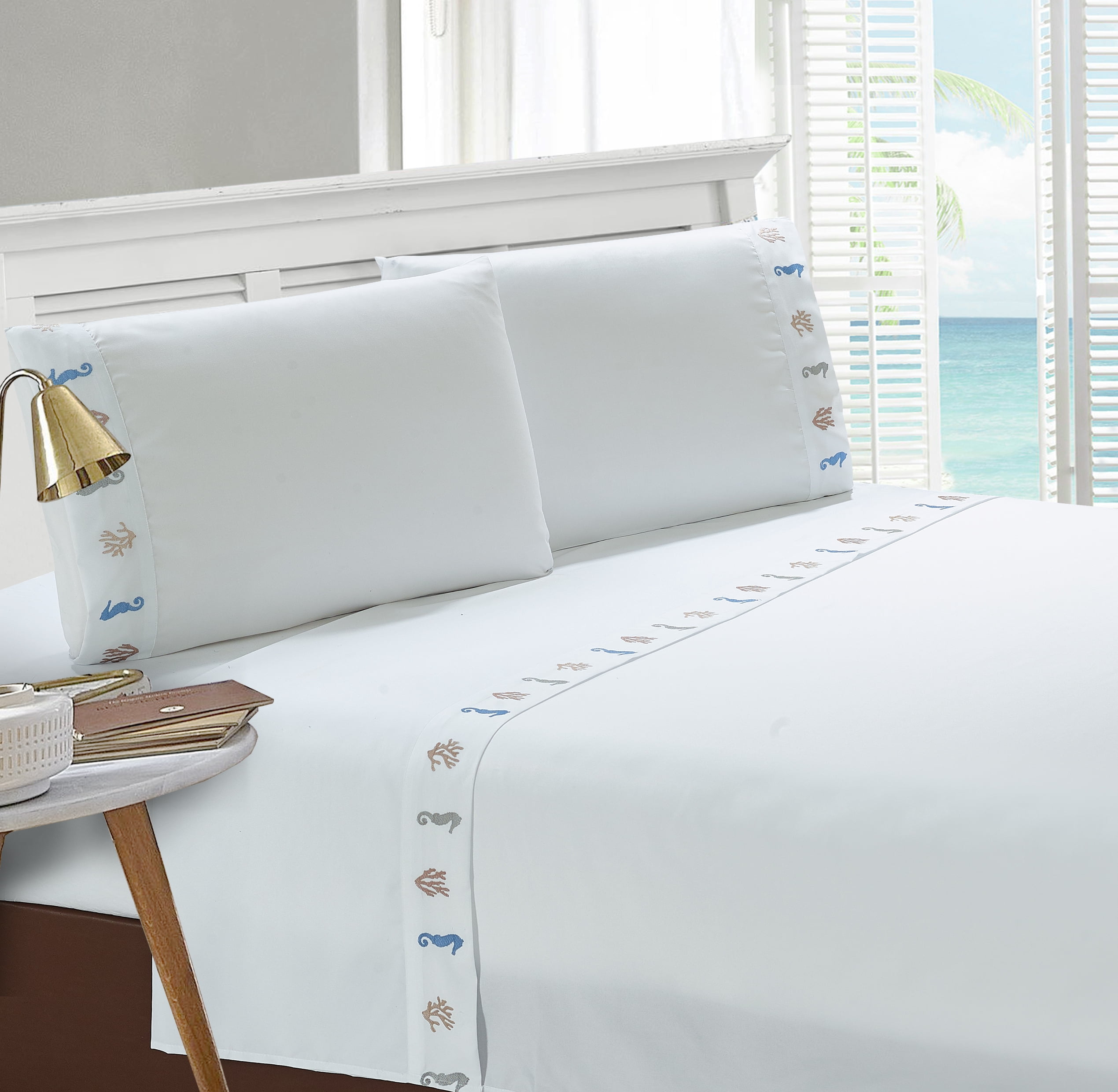 Emboidered Seahorse and Coral Sheet Set Twin