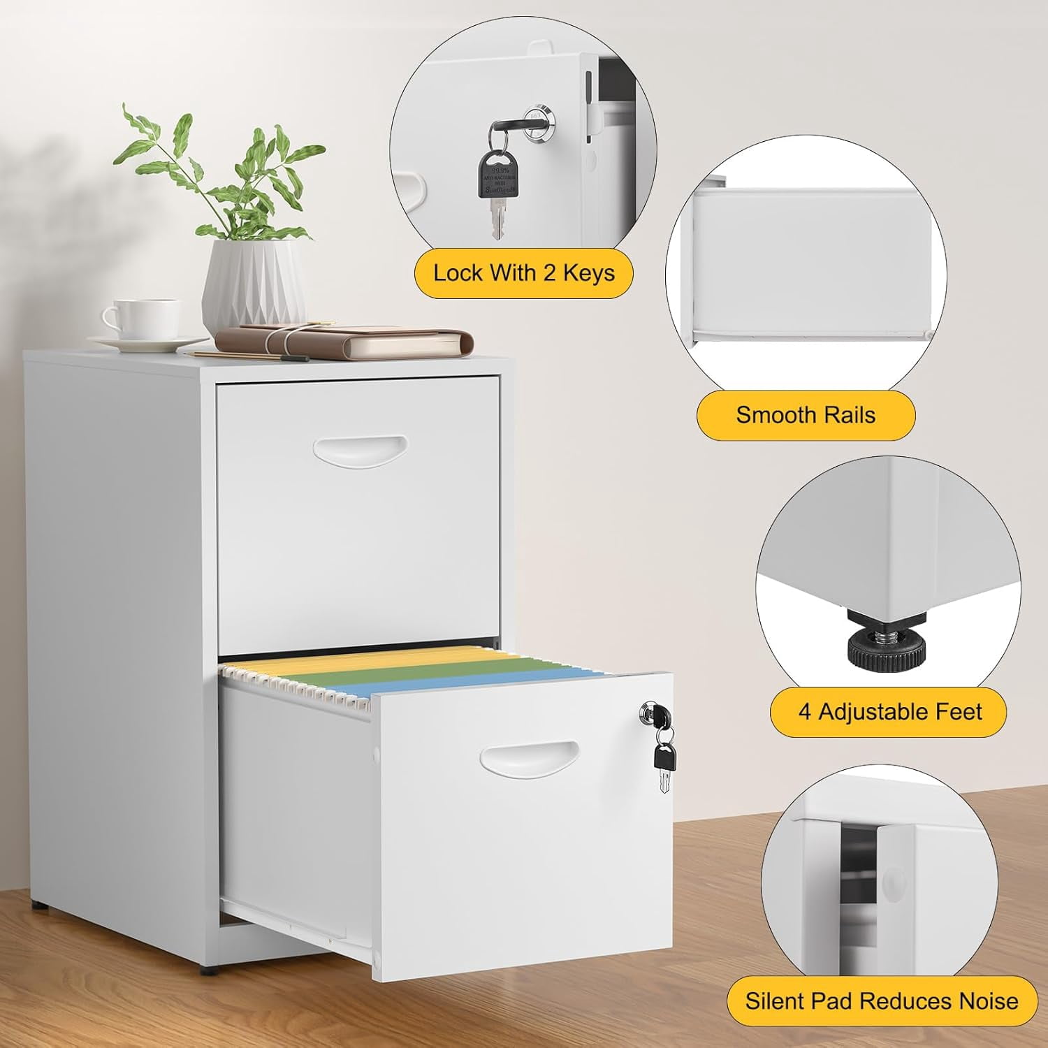 2 Drawer File Cabinet with Lock,White Metal Office Drawers Filing Cabinets for Home Office, Two Drawer Under Desk File Cabinet for Hanging Letter,Easy Assemble