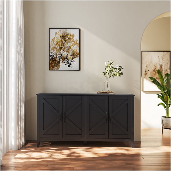 JERFIT 4-Door Storage Cabinet with Shelves, Freestanding Floor Sideboard for Living Room, Bedroom & Office, Black