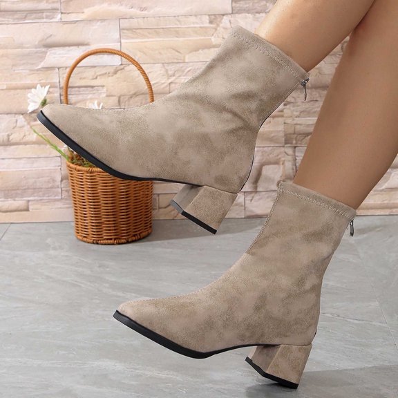 JUSLIO Winter Boots for Women,Chunky Heel Boots Round Toe High Heel Solid Color Fashion Casual Mid Calf Boots