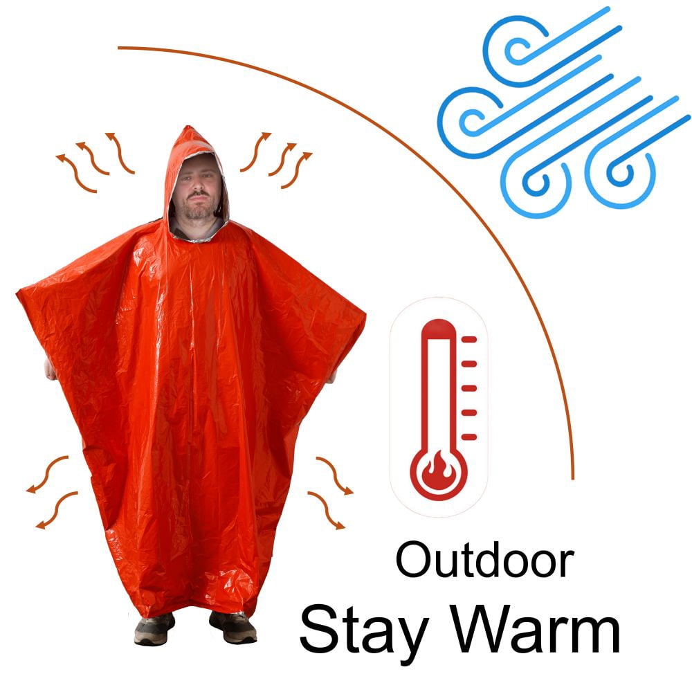 Plus Size Emergency Poncho, Mylar Poncho with Hood, Mylar Emergency Blanket in Camping, Hiking, and Outdoor Activities