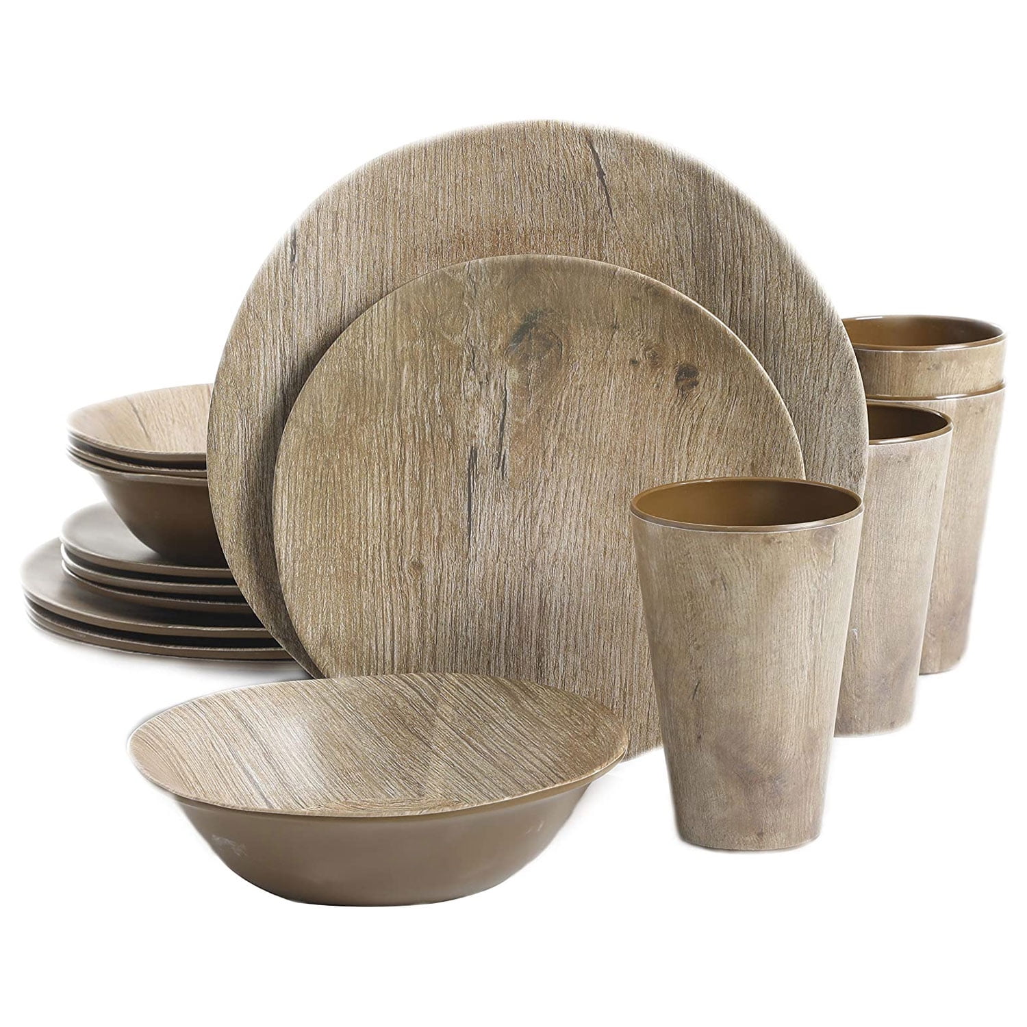 Service for Four Gibson Home Woodlands Round Melamine Dinnerware Set 16pcs Wood 
