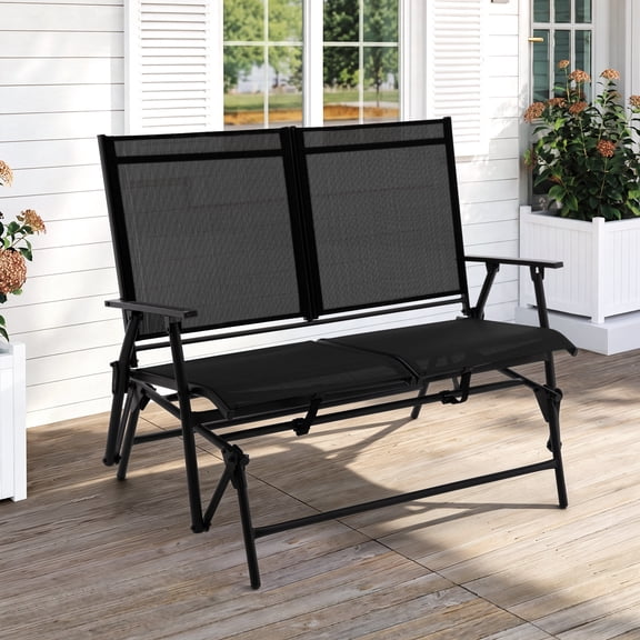 AUNEKIV 2-Person Outdoor Glider Bench, Installation-Free Steel Patio Loveseat, Foldable Swing Rocker, Black