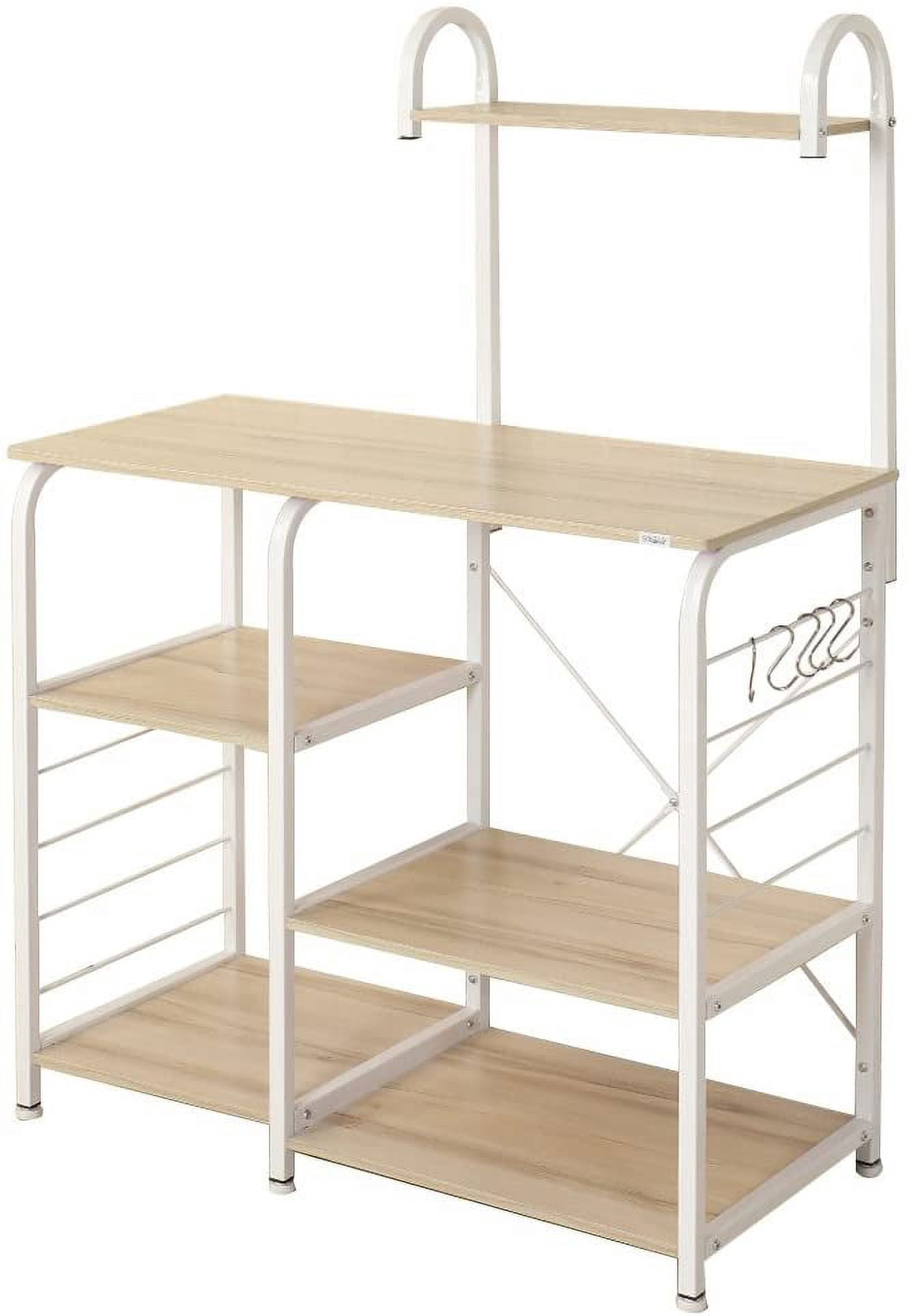 SogesPower Kitchen Stand 4-Tier Storage Shelf with Hooks Microwave Oven Stand Multifunction Workstation Shelf White Oak 35.4"L x 15.4"W x 55.1"H