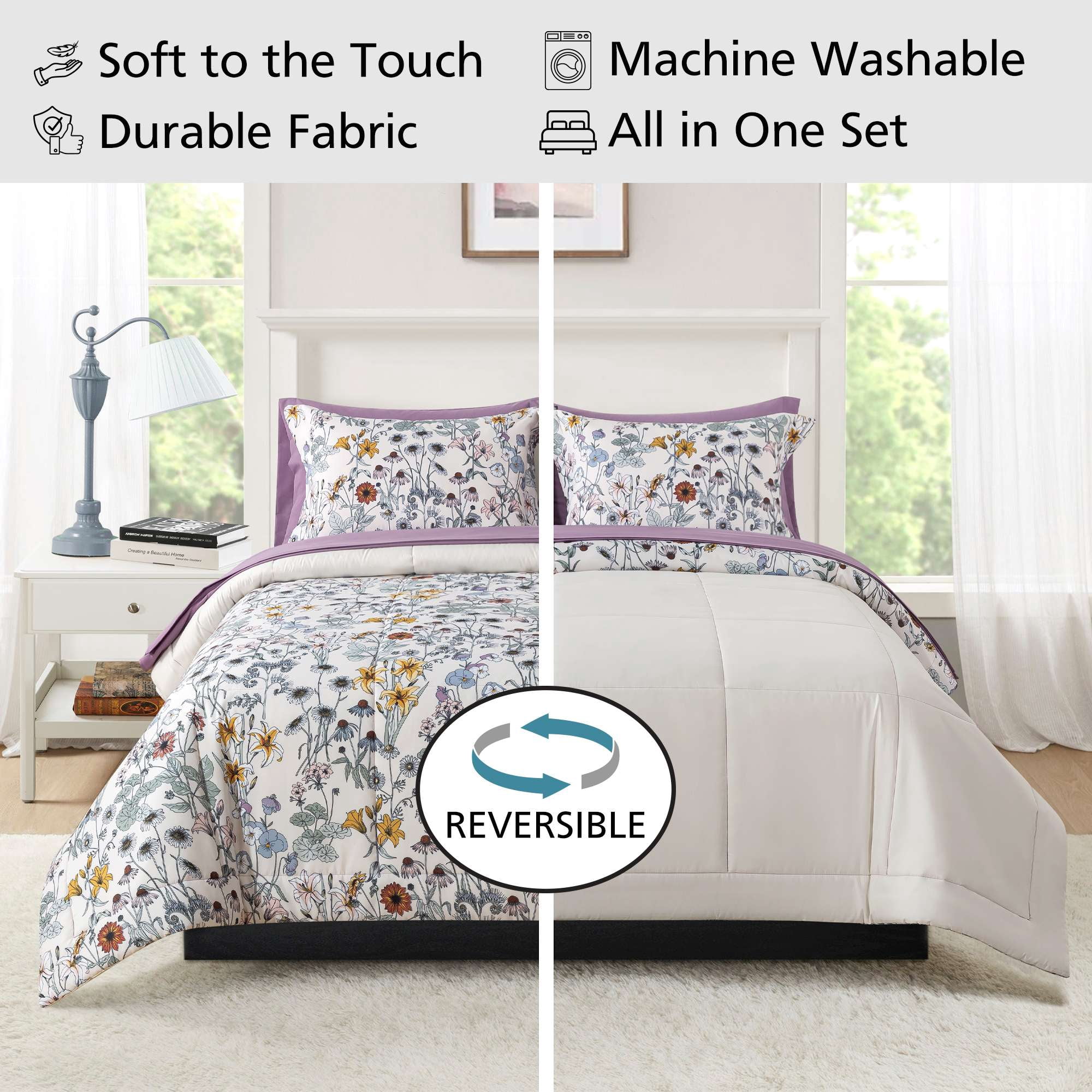 Mainstays All in One Reversible Comforter and Sheet Set, 7-Piece, Full, White Multi Floral