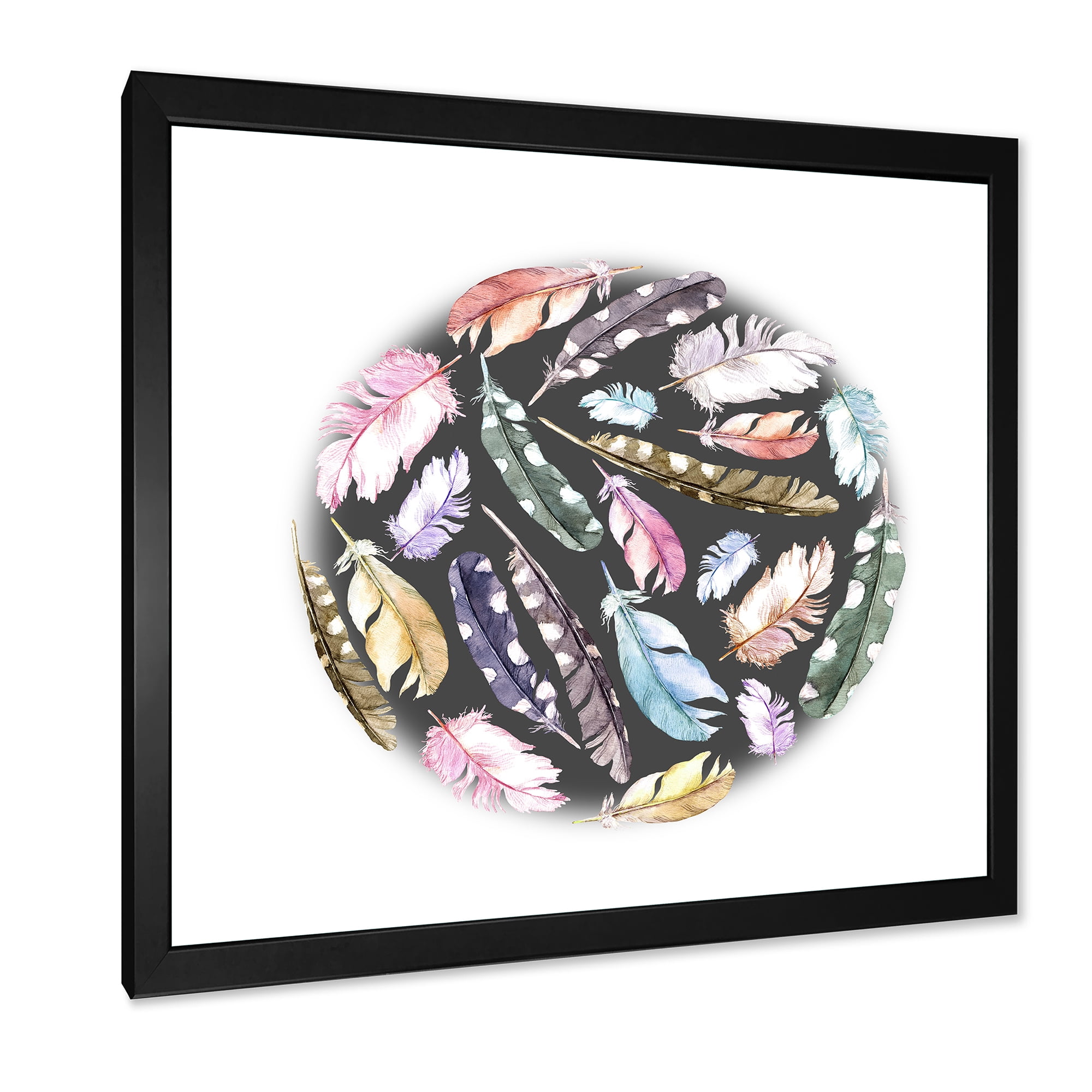 Designart 'Colorful Boho Feathers In Circle Shape' Bohemian & Eclectic Framed Art Print