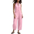 thumbnail image 2 of Cmfcve Wide Leg Jumpsuits for Women Sleeveless Stand Collar Half Button Up Linen Pants Loose Casual Long Overalls with Pockets, 2 of 5