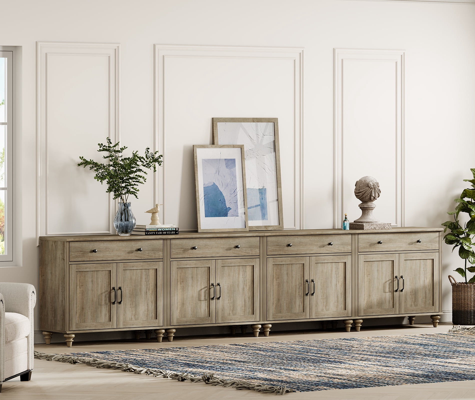 Mid-Century Morden Style TV Stand for 100 inch TV, Wooden Universal Entertainment Center with Storage Cabinets for Living Room or Bedroom, Wash Gray