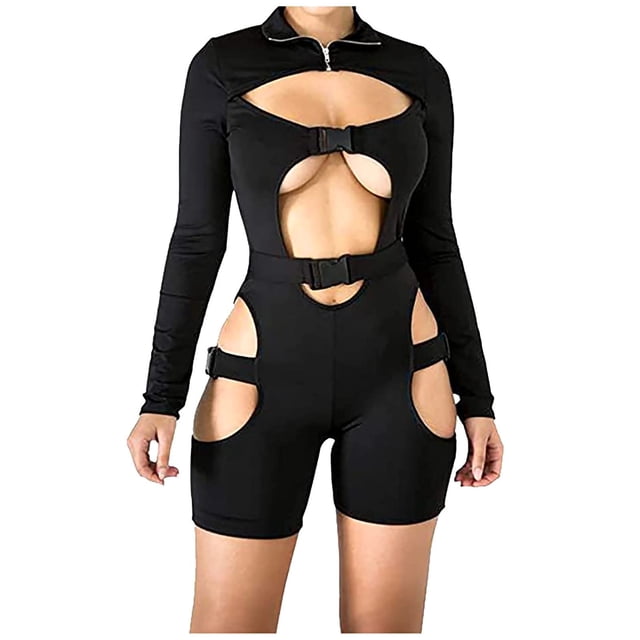 Mono de cuello alto con hebilla para mujer, mono de manga larga Sexy ahuecado Pompotops ulkah941257