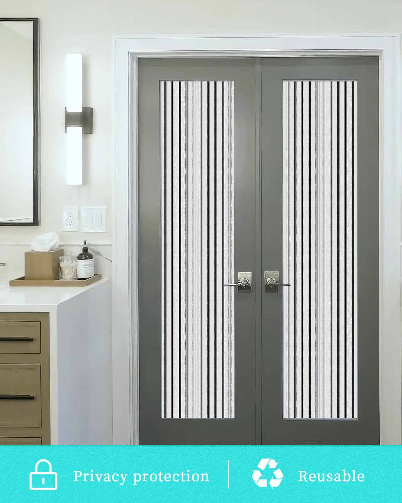 Window Privacy Film, Black Stripes UV Sun Blocking Window Tint Film Heat Control One Way Blackout Window Film, Geometric Vertical Linens Modern Minimalism Non Adhesive Static Cling 23.6x78.7 In