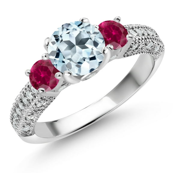 Gem Stone King 925 Sterling Silver Sky Blue Topaz Red Created Ruby and White Moissanite Engagement Ring for Women (2.28 Cttw, Gemstone November Birthstone, Round 7MM and 4MM, Size 7)