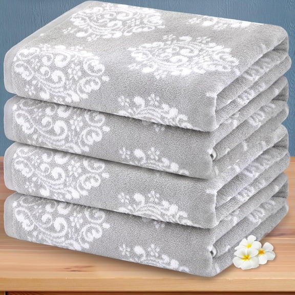 Grey and White 4 PC Bath Towel Set 28"x52" 100% Cotton Damask Jacquard