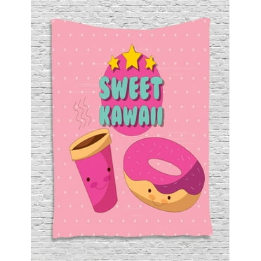 Anime Tapestry, Sweet Kawaii Lettering with Donut and Coffee Smiling Cartoon Characters Pink Backdrop, Wall Hanging for Bedroom Living Room Dorm Decor, 60W X 80L Inches, Multicolor, by Ambesonne