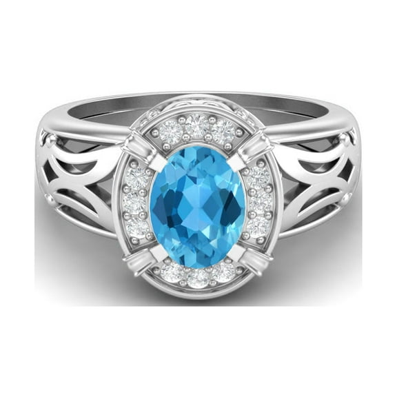 8x6mm Oval Swiss Blue Topaz 925 Sterling Silver Filigree Celtic Women Valentines Day Gifts Ring