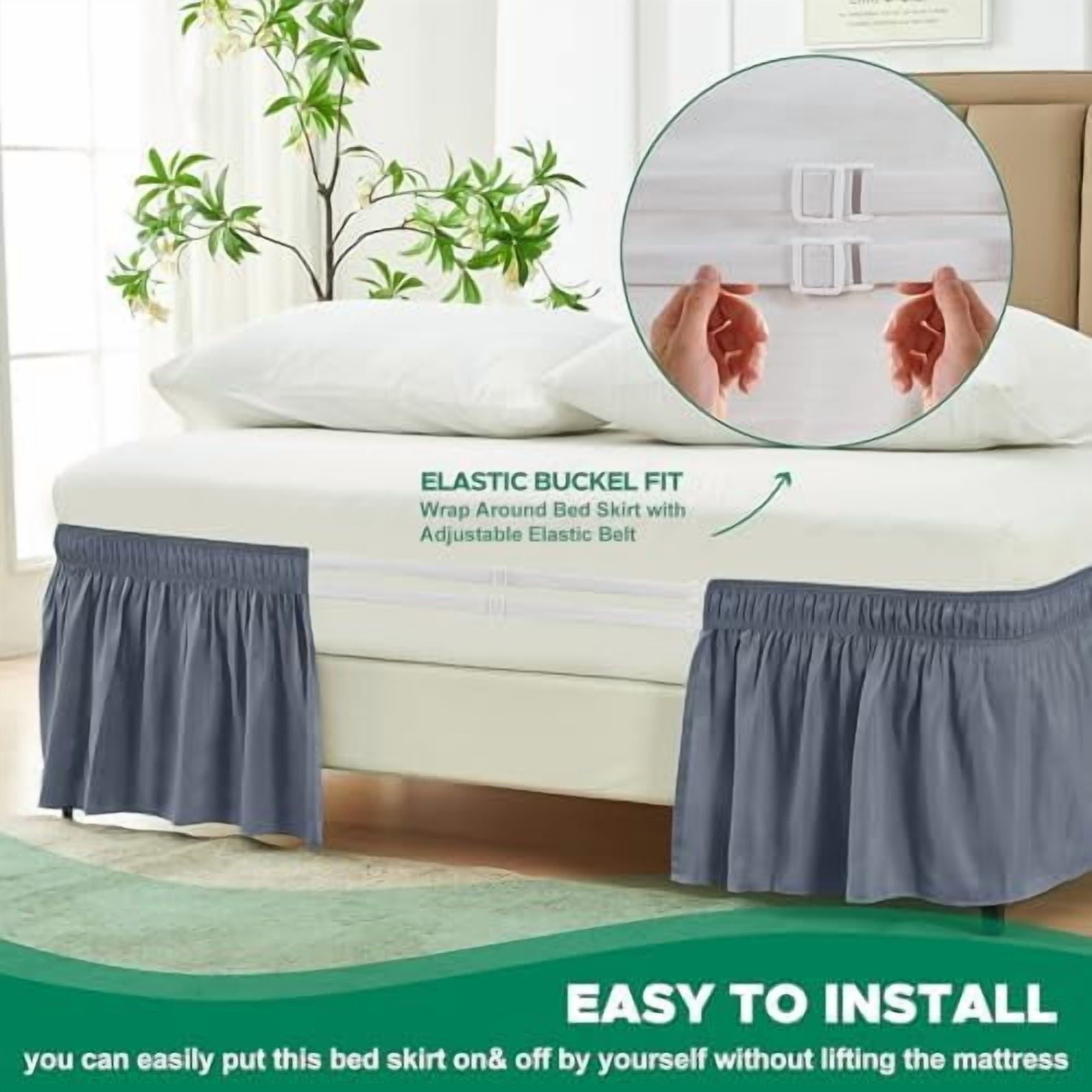 Wrap Around Bed Skirts for Twin & Twin XL Beds Short Drop of 12", Dark Grey Adjustable Elastic Dust Ruffles Easy Fit Wrinkle Resistant Silky Luxurious Fabric Machine Washable