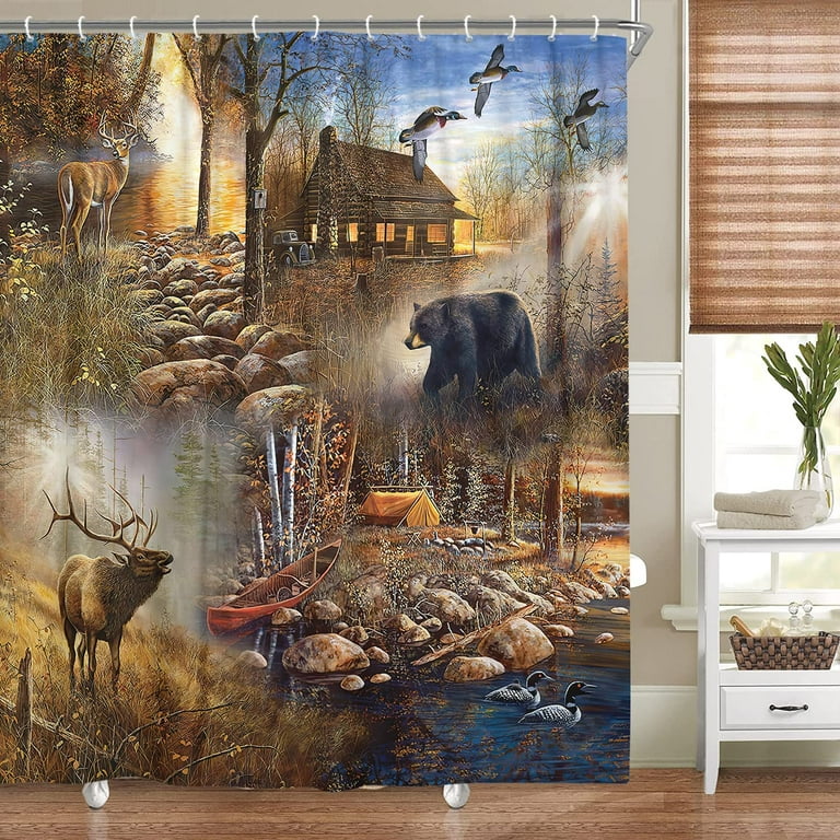 Rustic Farmhouse Shower Curtain Bear Moose Lodge Woodland Set Country Lake Cabin For Bathroom Decor With Hooks 70x70in Com