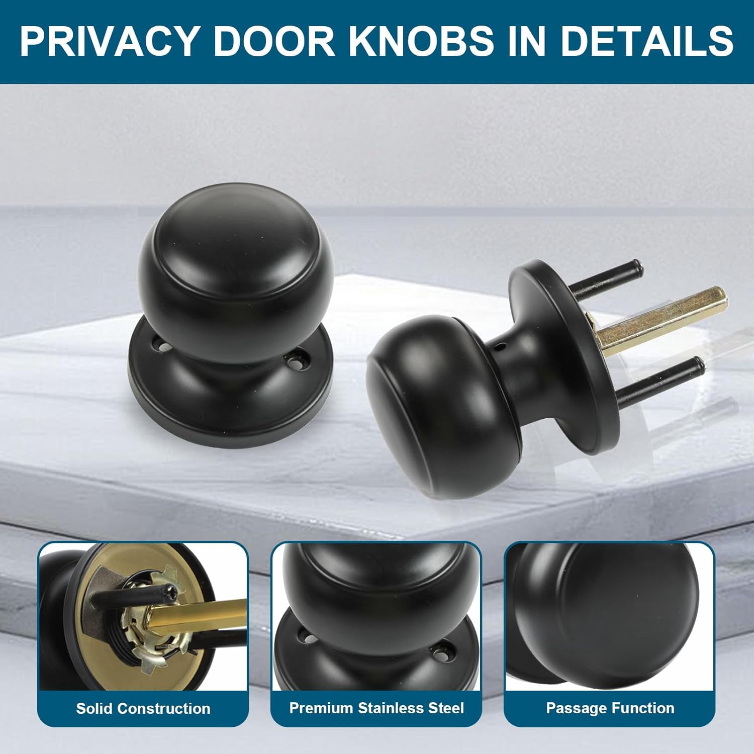 Passage Door Knobs, 5 Pack Matte Black Door Knobs, for Hallway & Closet Non-Locking Interior Round Door Handles Keyless Reversible for Left Right Handed Doors