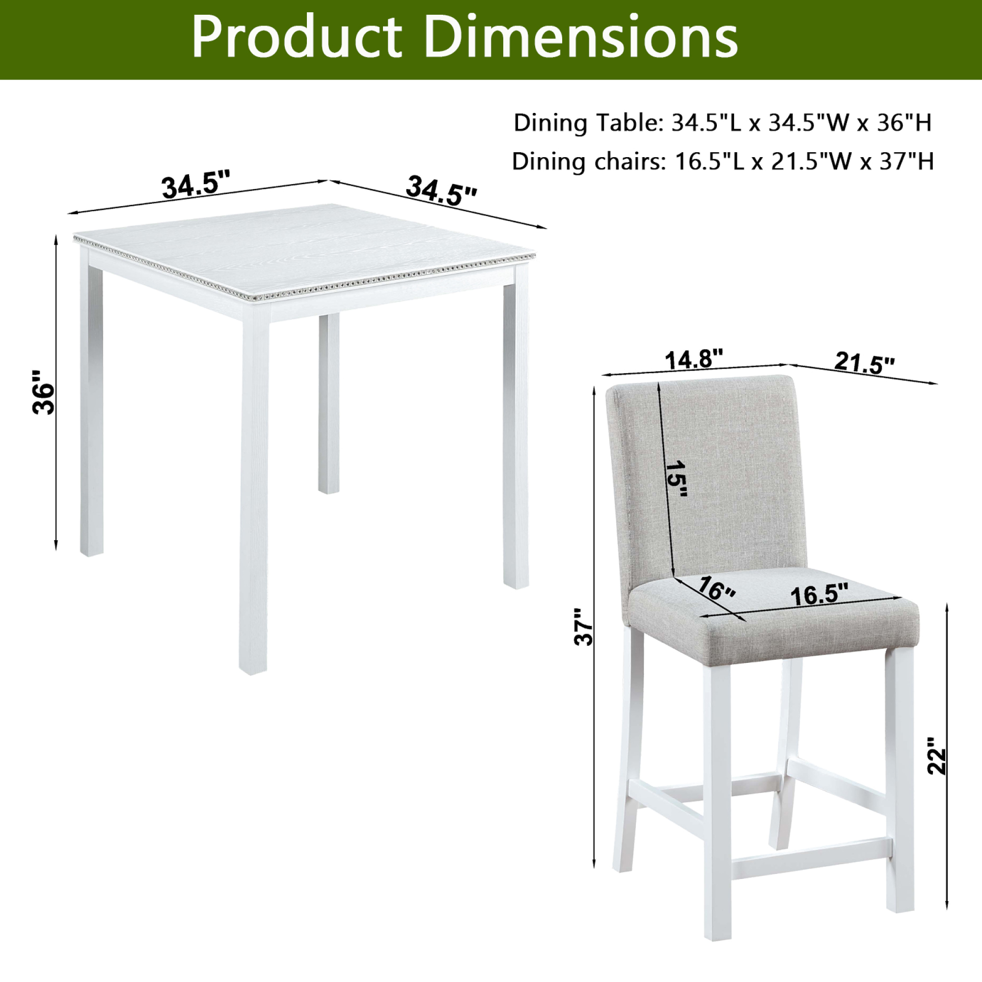 Leumius 5 Pieces Dining Table Set,Counter Height Table Set with Square Table and 4 Upholstered Chairs,Wooden Kitchen Table Set for Kitchen, Dining Room,Light Gray+White