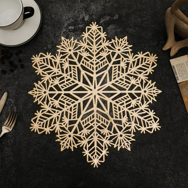 SuChun Placemat Christmas Snowflake Place Mats Metallic Festive Vinyl Table Mat Washable For Holiday Dinner Table Top Doilies Decorations 15” Diameter Hollow Out Non Slip For Decor Wedding Gold