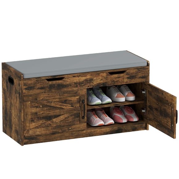HOMCOM Shoe Bench, Entryway Bench with Storage, Padded Seat, Rustic Brown
