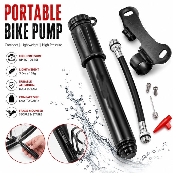 Portable Bicycle Pump Aluminum Alloy Tire Tube Mini High Pressure Hand Pump Inflator Bike Tire Pump Cycling Air Inflator Mountain Road Bike Accessories for MTB Bicycle Pump