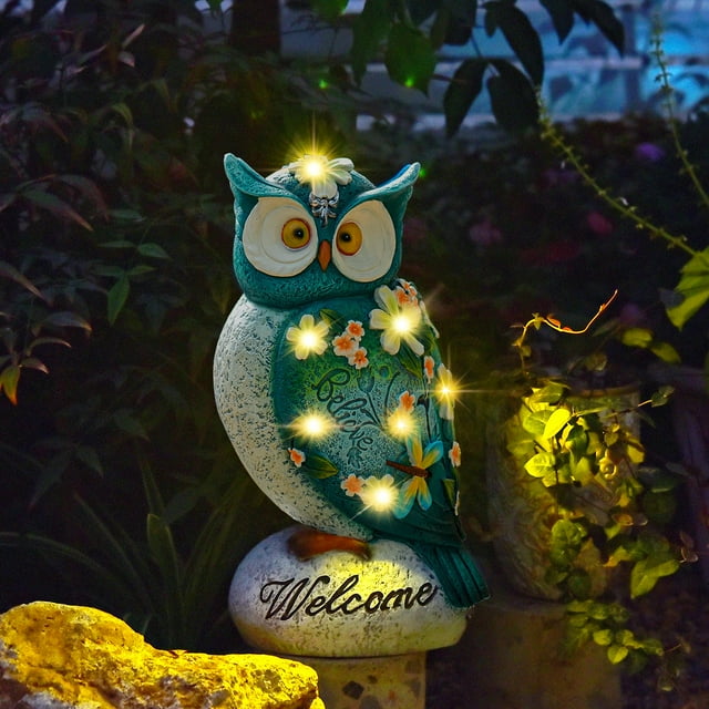 Sungmor Luz Solar Jardín: Luces paisaje p/ sendero, figura búho realista con LED. Estatua animal resina impermeable exterior. Lámpara energía solar p/ patio, jardín, césped. Decoración nocturna.