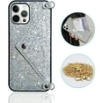 thumbnail image 2 of Compatible withiPhone 15 Pro Max Bling Case, Glitter Diamond Sequins Case Small Credit Card Cash Holder Wallet Case with Shiny Crossbody Chain Hard PC Back Protective Girly Stand Case White, 2 of 12