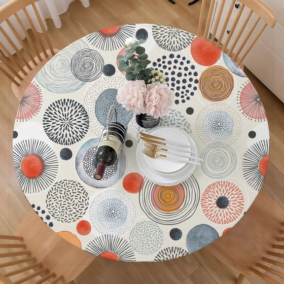 Round Tablecloth Fitted Elastic Edge Patio Table Covers Wrinkle Resistant Waterproof Vinyl Table Cloth for Picnic Camping Indoor and Outdoor，Boho Circles 45"-56"